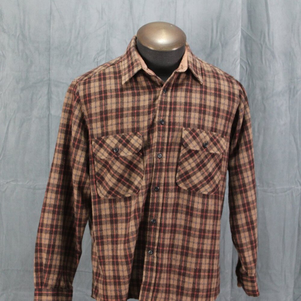 Vintage Flannel Shirt - Sear Brown Plaid Pattern - Men's Large